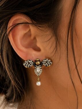 Crystal Gold and Pearl Bee Drop Earrings women’s jewelry